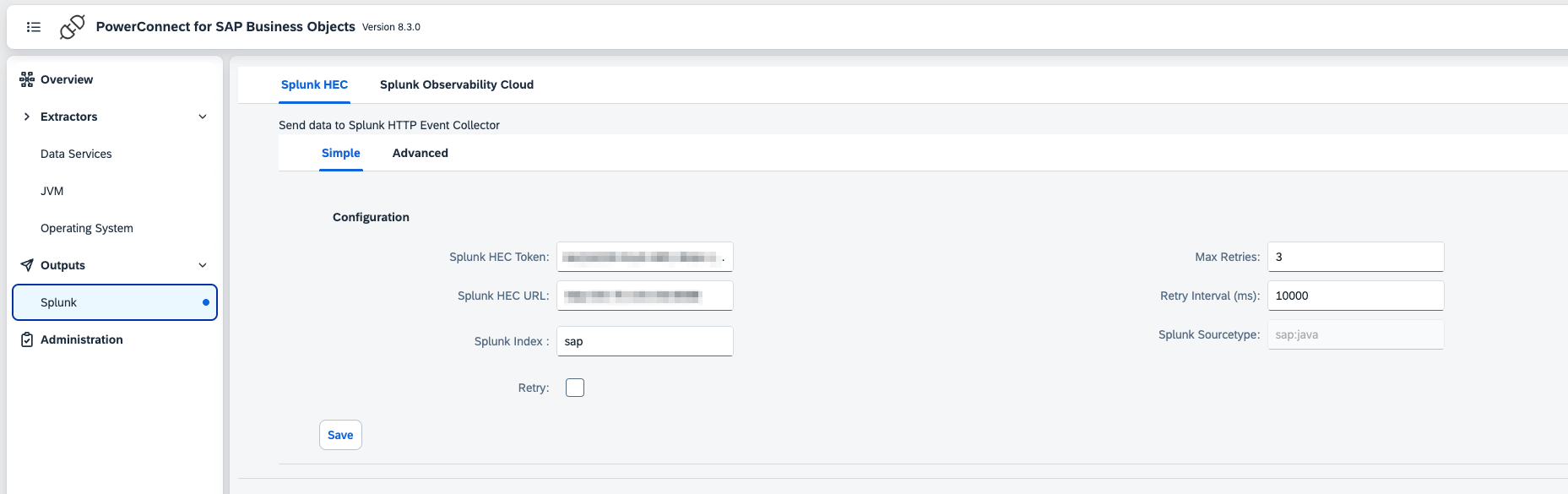 Configuring a Splunk Connection in PowerConnect for SAP Business Objects